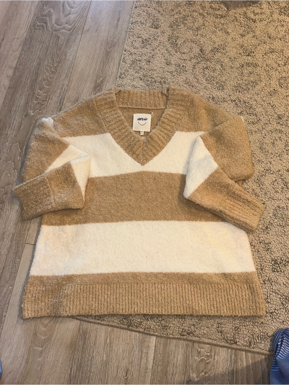 aerie Oversized V-Neck Stripe Sweater in Cream and Tan